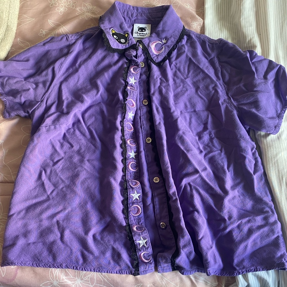 “Chococat Purple Button-Down Blouse with Moon & Star Embroidery - Cute & Unique”